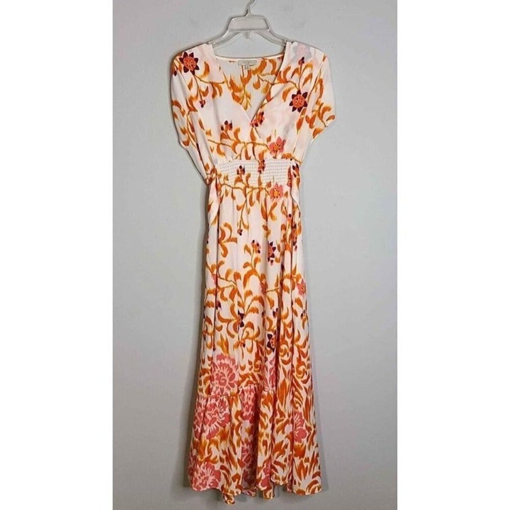 Indikka Flora Pink/Orange Bohemian Boho Tropical Peasant Maxi Dress M